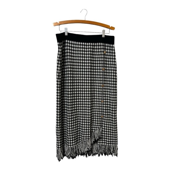 Nanette Lepore Knit Gingham Pencil Skirt Elastic Waist Fringe Hem Sz XL B&W - Picture 2 of 6